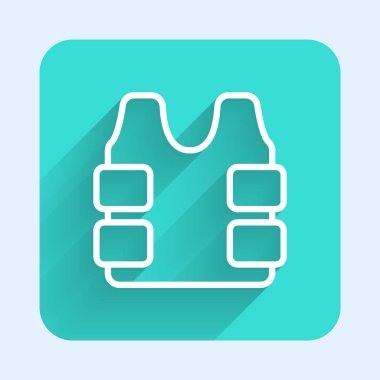 Uzun gölgeli kurşun ikonundan korunmak için beyaz çizgili kurşun geçirmez yelek. Vücut zırhı işareti. Askeri kıyafetler. Yeşil kare düğmesi. Vektör.