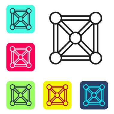 Siyah çizgi engelleme teknolojisi simgesi beyaz arkaplanda izole edildi. Kripto para birimi verileri. Soyut geometrik blok zincir ağ teknolojisi işi. Renkli kare düğmelerle simgeleri ayarla. Vektör.