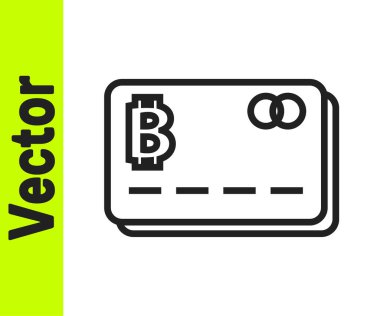 Beyaz zemin üzerinde bitcoin simgesi olan siyah çizgi kredi kartı. Çevrimiçi ödeme. Nakit çekilmesi. Modern ödeme yöntemi. Vektör.