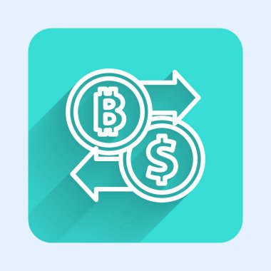 Beyaz çizgi kripto döviz simgesi uzun gölgeli izole edilmiş. Bitcoin 'den dolar takas simgesine. Kripto para teknolojisi, mobil bankacılık. Yeşil kare düğmesi. Vektör.