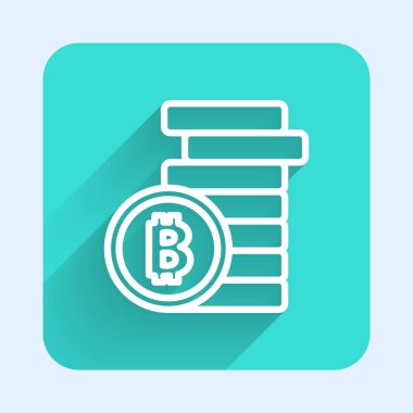 Beyaz çizgi kripto para birimi Bitcoin simgesi uzun gölgeli izole edilmiş. Madeni para. Engelleme zinciri tabanlı şifreli para birimi. Yeşil kare düğmesi. Vektör.
