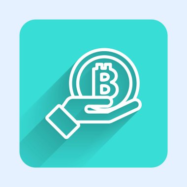 Beyaz Çizgili El Bitcoin simgesini uzun gölgeli tutuyor. Engelleme teknolojisi, dijital para piyasası, şifreli para cüzdanı. Yeşil kare düğmesi. Vektör.