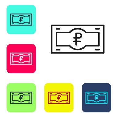 Siyah çizgi Rus ruble banknot simgesi beyaz arka planda izole edildi. Renkli kare düğmelerle simgeleri ayarla. Vektör.