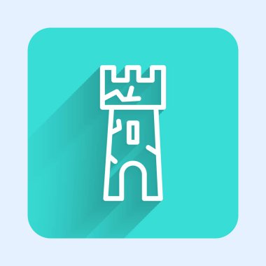 Beyaz çizgi kale ikonu uzun gölgeli izole edilmiş. Kale işareti. Yeşil kare düğmesi. Vektör.