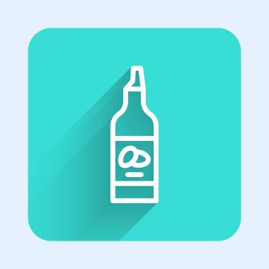 Uzun gölgeli beyaz çizgi zeytinyağı ikonu. Zeytinyağı ikonlu sürahi. Yeşil kare düğmesi. Vektör.