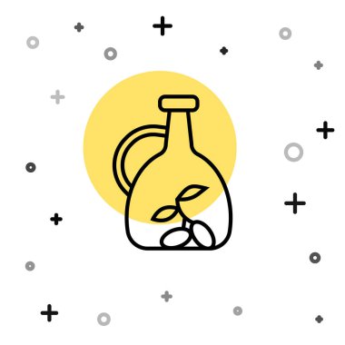 Beyaz arka planda izole edilmiş siyah çizgi zeytinyağı ikonu. Zeytinyağı ikonlu sürahi. Rastgele dinamik şekiller. Vektör.