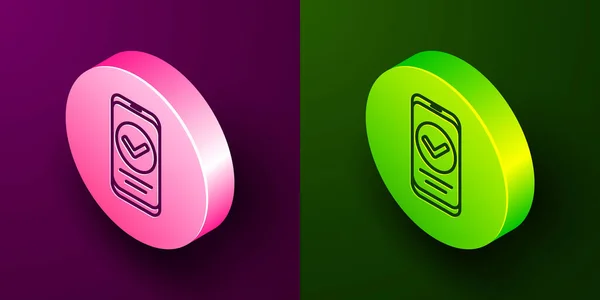 アイソメトリックラインスマートフォン 紫と緑の背景に隔離された携帯電話のアイコン 丸ボタン ベクトル — ストックベクタ