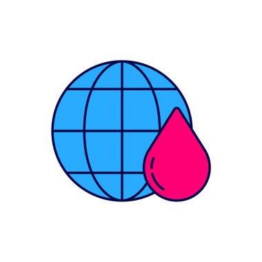 Ana hatlarıyla doldurulmuş Dünya gezegeni beyaz arka planda izole edilmiş su damlası ikonu. Dünya küresi. Su tasarrufu ve dünya çevre koruma. Vektör.