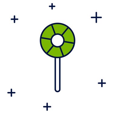 Beyaz arkaplanda izole edilmiş ana hatlı lolipop simgesi. Şeker işareti. Yemek, lezzetli bir sembol. Vektör.