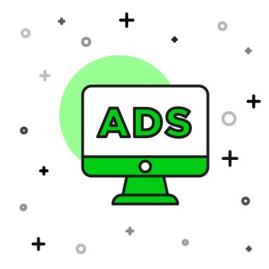 Doldurulmuş ana hat reklam simgesi beyaz arkaplanda izole edildi. Pazarlama ve tanıtım süreci kavramı. İlgili reklamlar. Sosyal medya reklamcılığı. Vektör.