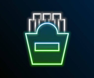 Siyah arka planda izole edilmiş karton paket ikonunda parlayan neon çizgisi patates kızartması. Fast food menüsü. Renkli taslak konsepti. Vektör.