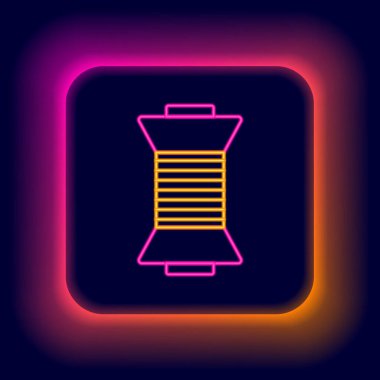 Parlayan neon çizgisi, siyah arkaplanda izole edilmiş makara simgesine iplik dikmek. İplik makarası. İplik kutusu. Renkli taslak konsepti. Vektör.