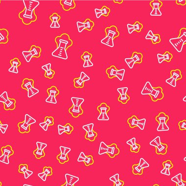 Çizgi Kimyasal Deneyi, şişe simgesindeki patlama kırmızı arkaplanda izole edilmiş pürüzsüz desen. Test tüpünde kimyasal patlama. Vektör.