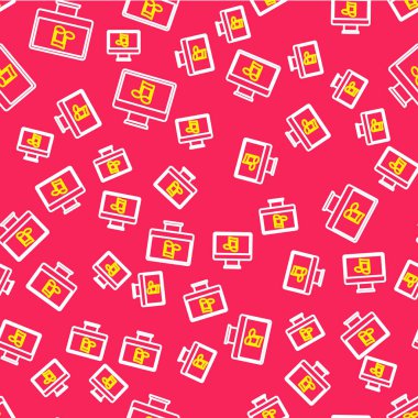 Ekran simgesinde nota sembolü olan satır bilgisayarı kırmızı arkaplanda izole edilmiş kusursuz desen. Vektör.