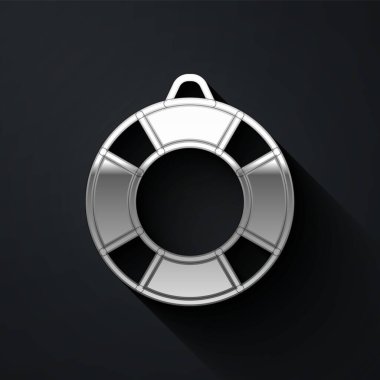 Gümüş Lifebuoy simgesi siyah arkaplanda izole edildi. Can simidi sembolü. Uzun gölge tarzı. Vektör.