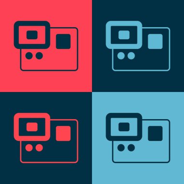 Pop Art Action ekstrem kamera simgesi renk arkaplanında izole edildi. Ekstrem sporları çekmek için video kamera ekipmanı. Vektör.