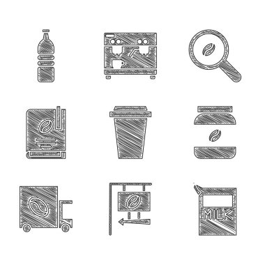 Kahve fincanını sokak tabelasına, süt kavanozu şişesi, sokak arabası, makine kitabı, fasulye ve şişe su ikonu için kâğıt pakete koy. Vektör.