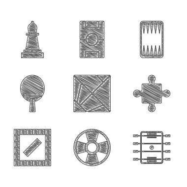 Rubik küp kumarhane çipi Hokey masası parçaları oyuncak masa oyunu raket tavla tahtası ve satranç ikonu ayarla. Vektör.