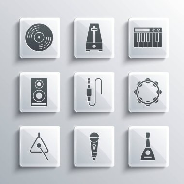 Mikrofon Balalaika Tef Ses Kriko Stereo hoparlörü Vinil disk ve Müzik Sentezleyici simgesini ayarla. Vektör.