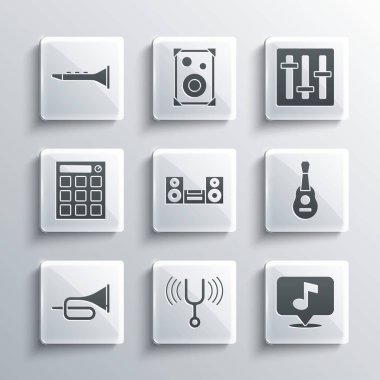 Gitar Evi stereo trampet makinesi klarnet ve ses karıştırıcı ikonu ayarlayın. Vektör.