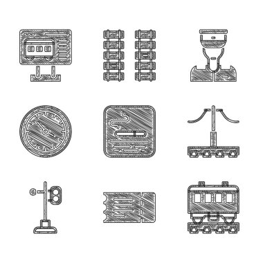 Train Train Train Train Train vagonlarına tren bileti ayarla. Tren yolu trafik ışığı tren istasyonu saat kondüktörü ve Bilet ofisi bilet ikonu satın alsın. Vektör.