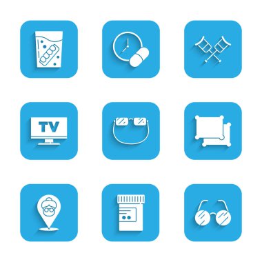 Gözlüklü İlaç şişesi ve Yastık Bakımevi, Akıllı TV Koltuk değnekleri ve Sahte çene simgesi ayarla. Vektör.