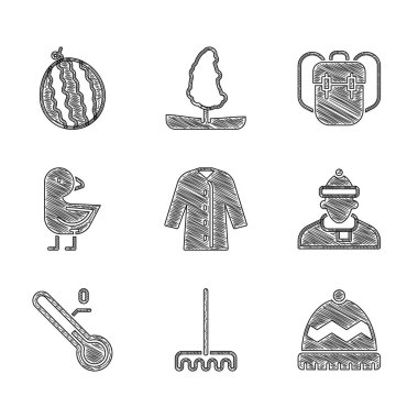 Yağmurluk Bahçesi şapkası Sonbahar giysileri Meteoroloji termometresi Küçük Piliç Okulu sırt çantası ve karpuz ikonu. Vektör.