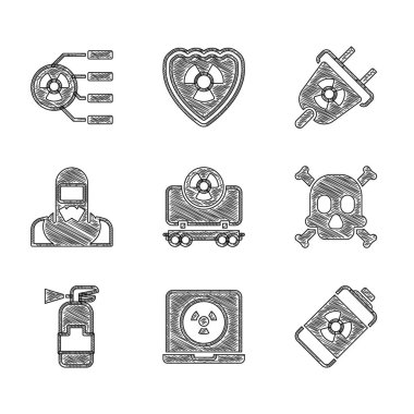 Radyoaktif kargo treni nükleer dizüstü bilgisayar enerji bataryası Bones ve kafatası uyarı reaktör işçisi Radyasyon elektrik prizi ve ikonu ayarlayın. Vektör.