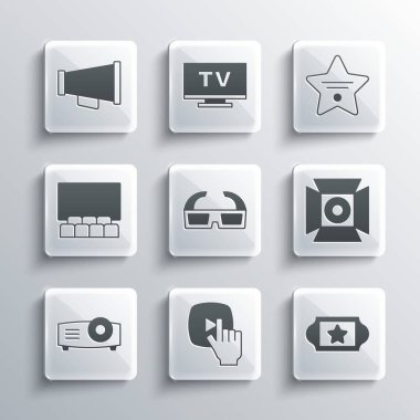 Çevrimiçi sinemada sinema bileti 3D sinema gözlükleri Movie film medya projektörü oditoryumu ve ekran megafonu ve Şöhretler Yürüyüşü ikonu. Vektör.