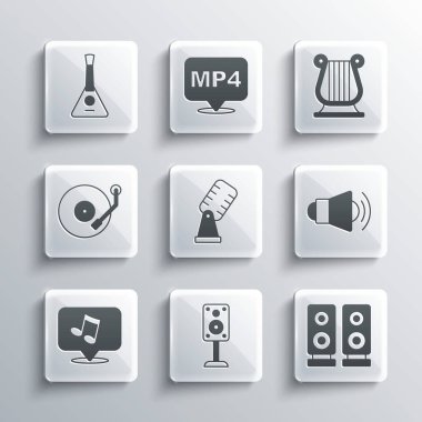 Stereo hoparlörü Megaphone Mikrofon Müzik nota tonu Vinil çalıcı Balalaika ve Antik Yunan lir ikonu. Vektör.