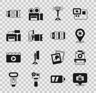 Fotoğraf makinesi kamera deklanşör ampulünü softbox sinema fotoğraf objektifi ve simgesine ayarla. Vektör.