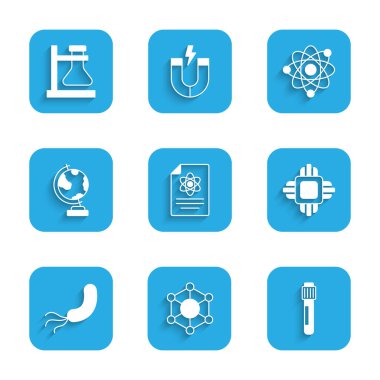 Kimya raporunu Molekül Test Tüpü İşlemcisi CPU Bakteri Dünya Atom ve matarası ikonuna yerleştir. Vektör.