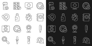 Tıbbi termometre pano işaretleyicisi ile diyalog kurun hastane haritası, ilaç şurubu şişesi acil telefon çağrısı ilaç kutusu ve hap tableti ikonu. Vektör.