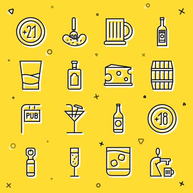 Bardak bardaklı bira musluğu, Alkol 18 artı tahta fıçı bira bardağı viski şişesi, votka 21 ve peynir ikonu. Vektör.