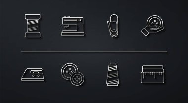 Hat Dikiş İpliği Demir Tuş Makinesi mezurası ve Güvenlik iğne simgesini ayarla. Vektör.