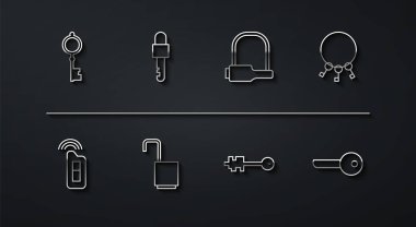 Uzaktan kumandalı Eski Anahtar Arabası Kilitli Anahtarı Aç ve Bisiklet simgesini ayarla. Vektör.