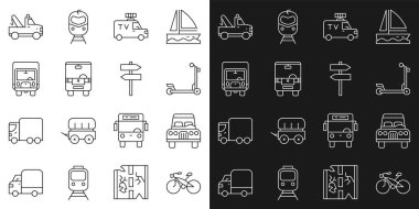 Bisikletli Araç Scooter TV Haberleri, Otobüs Teslimatı, Çekici ve Trafik Tabelasının simgesi. Vektör.