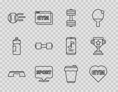 Step Basamağı Spor Salonu Spor Salaklarının Yeri Tenis Topu Sallaması ve Ödül Kupası ikonu. Vektör.