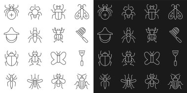 Chafer Böceği Sinek Ezici Kelebek Ağı Kokuşmuş Böcek Koruyucu şapkası Örümcek ve Böcek geyik ikonu. Vektör.