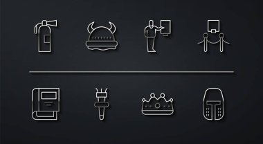 Yangın söndürücü tarih kitabı Resim ve ip bariyeri Kral Alev Alevi Viking boynuzlu miğfer Ortaçağ demir ve müze rehber ikonu. Vektör.