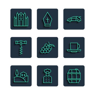 Şarap yarışları için İtalyan peyzajı Barrel şarap yarış arabası üzümlü şarap tirbuşonu Milan Katedrali ve kahve kupası ikonu. Vektör.