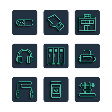 İp atlama, anabolik uyuşturucu bankı, barbel spor salonu dolabı ya da vitamin hapı ve spor çanta ikonu. Vektör.