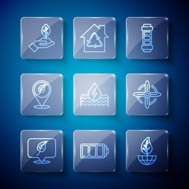 Çizgi konumunu yaprak Battery Earth küresi ve Su Enerji Tesisi ve Rüzgar türbini ikonu ile ayarlayın. Vektör.