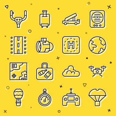 Hat kutusunu dünya çapında paraşütlü yolcu merdiveni Jet motorlu türbin uçak pisti uçuş dümeni ve helikopter iniş pisti ikonu üzerinde uçurmaya ayarlayın. Vektör.