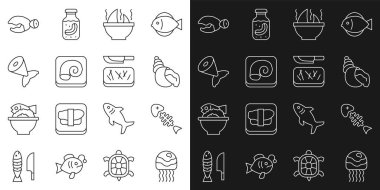 Denizanası iskeleti deniz kabuğu kabuğu köpekbalığı yüzgeci çorbası Ahtapot kuyruğu ıstakoz, yengeç pençesi ve kesme tahtası ve bıçak ikonu. Vektör.