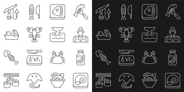 Ahtapot 'u tabağa koy kavanozda salatalık, balıkçı başı ıstakoz, balıkçı teknesi zıpkını ve balina kuyruğu okyanus ikonu. Vektör.