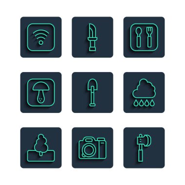 Ağaç Fotoğraf Kamerası tahta balta çatalı ve kaşık mantar mantar kablosuz internet ve yağmur ikonlu bulut hattını ayarla. Vektör.