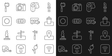 Çöp tenekesi kağıdı rulo battaniye, tahta baltası ve karavan taşıt ikonu için Wi-Fi kablosuz internet konumunu ayarlayın. Vektör.