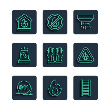 Acil durum hattı. Yangın söndürme sistemi yangın söndürme sistemini arayın. İtfaiyeci eldivenleri. Vektör.