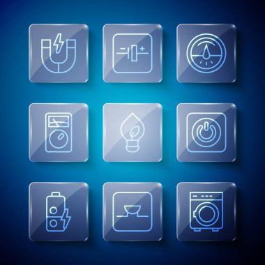 Ampere multimetre Manyetik ve Güç düğmesi simgesiyle elektrik devreli elektrik ampulü şarj et. Vektör.